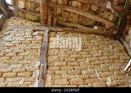 Old construction of the villages of Spain, built with adobe bricks and wood. Abandoned village of Buimanco, Soria, La Rioja. Stock Photo