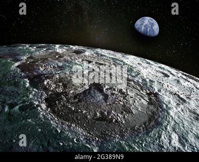 Planet Earth rises above lunar surface. Elements of this image furnished by NASA. Stock Photo