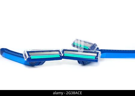 Blue men razor. Studio shot isolated on white background. Stock Photo