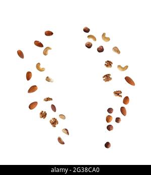frame from flying nuts isolated on white background. Image contains copy space Stock Photo