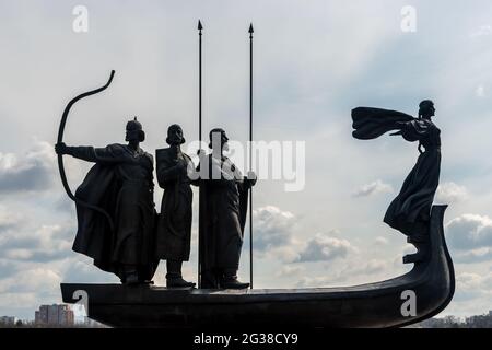 Kiev, Ukraine - April 27, 2021: Monument to the founders of Kyiv (Kiev). Statue of Kyi, Shchek, Horyv and Lybid. Stock Photo