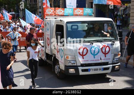 A truck from the far left party 'La France Insoumise' opens the march to protesters holding banners and flags. More than 1,500 demonstrators marched in the streets of Marseille in a march termed 'March for Freedom' against the far right. (Photo by Gerard Bottino / SOPA Images/Sipa USA)