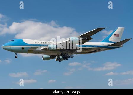USAF Air Force One Boeing VC-25A airplane with US President Joe Biden landing at London Heathrow Airport, UK, for onward transport to meet the Queen Stock Photo