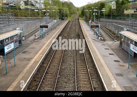 Merthyr Tydfil, Wales - May 2021: Aerial view of Merthyr Vale railway station in South Wales. The line links Merthyr Tydfil with Cardiff. Stock Photo