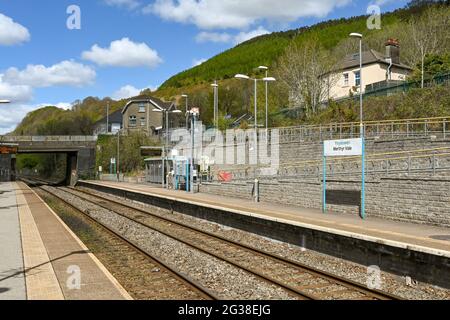 Merthyr Tydfil, Wales - May 2021: Merthyr Vale railway station in South Wales. The line links Merthyr Tydfil with Cardiff. Stock Photo