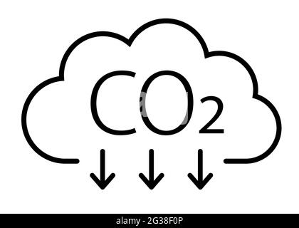 Cloud and co2 symbol with down arrows for greenhouse gas reduction line art vector icon Stock Vector