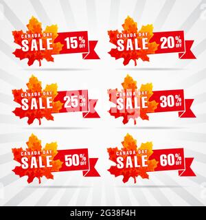 Happy Canada Day sale banner. Isolated abstract graphic design template. Light colors. Red discount labels and red leafs. White background. Up 15 to 6 Stock Vector
