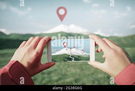 The concept of determining the geolocation for route selection. Stock Photo