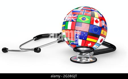World health and global healthcare concept with a medical stethoscope and a globe with international flags isolated on white background 3D illustratio Stock Photo