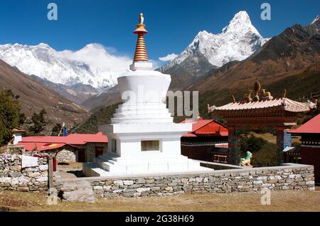 Ama Dablam Lhotse and top of Everest from Tengboche - Way to Everesr base camp - Khumbu valley - Nepal Stock Photo