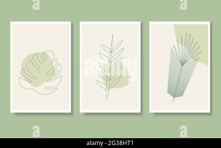 Set of linear art leaves. Line art style. Stock Vector