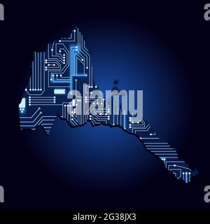 Contour map of Eritrea with a technological electronics circuit. African country. Blue background. Stock Vector