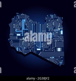 Contour map of Libya with a technological electronics circuit. African country. Blue background. Stock Vector
