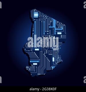 Contour map of Chad with a technological electronics circuit. African country. Blue background. Stock Vector