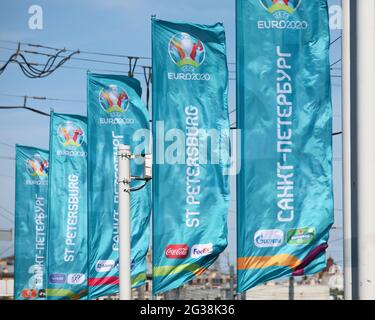 St. Petersburg, Russia - 14th June, 2021: Tuchkov bridge decorated with flags of UEFA EURO 2020 in the day of second match of this tournament in the city Stock Photo
