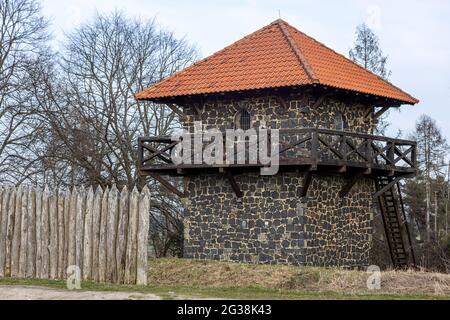 Reconstructed Roman watchtower and palisades at Limes Germanicus, the ancient border between the Roman Empire and Germania, nearby Pohlheim, Germany Stock Photo