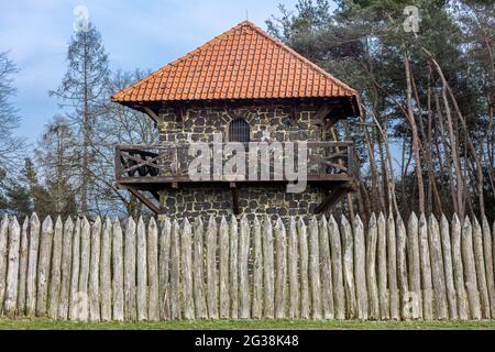 Reconstructed Roman watchtower and palisades at Limes Germanicus, the ancient border between the Roman Empire and Germania, nearby Pohlheim, Germany Stock Photo