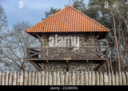 Reconstructed Roman watchtower and palisades at Limes Germanicus, the ancient border between the Roman Empire and Germania, nearby Pohlheim, Germany Stock Photo