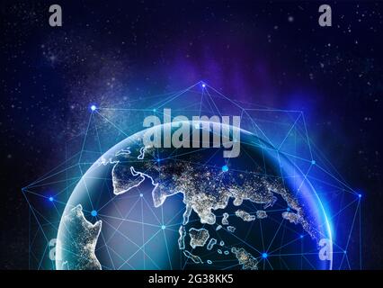 Planet Earth with location pointers in space. Concept of internet Stock Photo