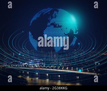 Modern city at night and digital model of Earth. Concept of internet Stock Photo