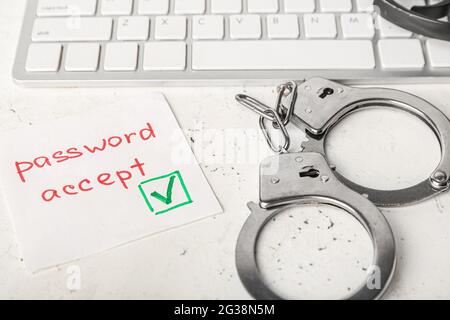 Sticker with text PASSWORD ACCEPT and handcuffs on white background. Hacking concept Stock Photo