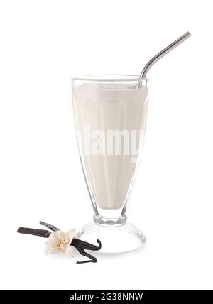 Glass with tasty vanilla milkshake on white background Stock Photo