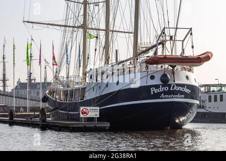 Amsterdam, Netherlands - 12 March 2016: Ships moored in the center of Amsterdam, Oosterdock. Stock Photo