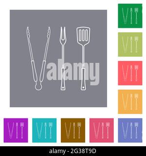 barbecue tools, tongs fork and spatula flat icons on simple color square backgrounds Stock Vector