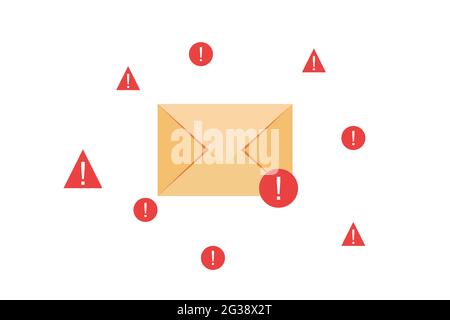 Dangerous messages illustration. Receiving spam e-mails, alert, warning. An envelope surrounded by warning signs. Stock Photo