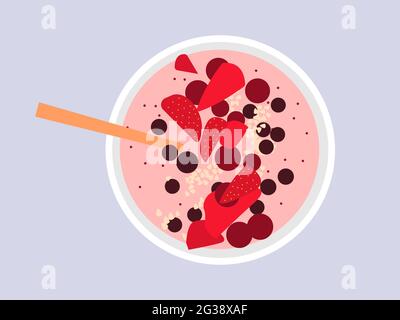 Healthy food eating. Bowl with cereal. fruit, berry, milk breakfast. Flate design illustration. View from above. Stock Photo