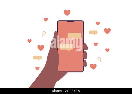 African American ethnicity person holding a mobile device while messaging a loved person. Falling in love online concept. Vector. Stock Vector