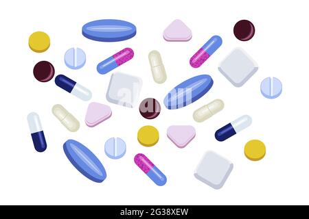 Coloful background of pills and vitamns. Variety of medication supplements. Isolated on a white backgroup. Stock Vector