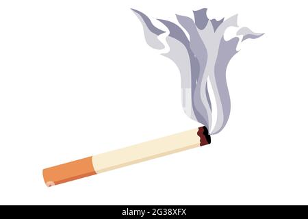 Burning paper filtered cigarette with tobacco smoke illustration. White background. Smoking concept. Vector. Stock Vector