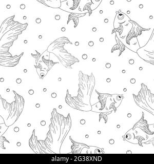 Line art gold fish with air bubbles background. Repeated vector illustration for backdrop, wrapping paper, fabric, textile, web, wallpaper and texture Stock Vector