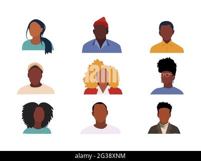 African , African-American people portraits. Social media icon set. Flat design svatars. Stylish, modern women and men. Vector. Stock Vector