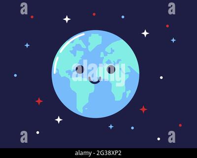 Smiling earth character illustration. Cute globe into space with eyes and a smile. Cosmos view. Vector. Stock Vector