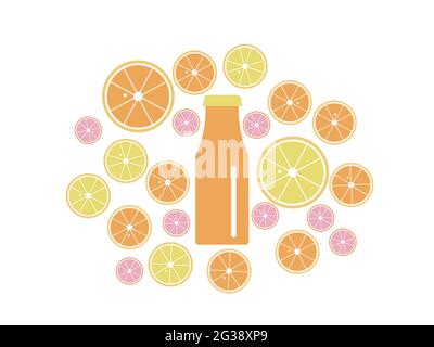 Lemon, orange, grapefruit fruits and fresh juice background. Abstract flat design vector. Stock Vector