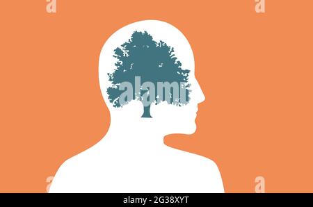 Human connection to nature. A tree  in a head of a human. Our relationship with the natural environment. Enviromental day logo. Vector. Stock Vector