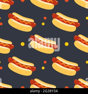 Hot Dog sign vector seamless pattern background. Fried sausage in bun, mustard, ketchup cartoon design element. Stock Vector