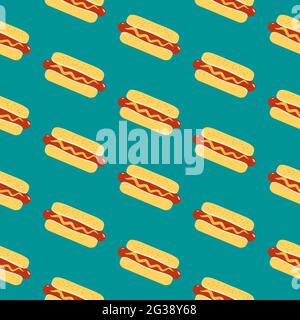 Hot Dog sign vector seamless pattern background. Fried sausage in bun, mustard cartoon design element Stock Vector