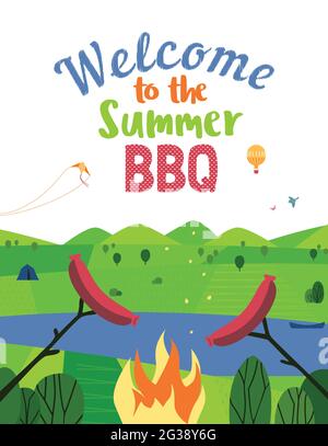 Summer BBQ welcome invitation vector poster. Cartoon retro style outdoor background. Stock Vector