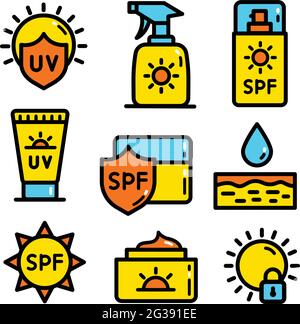 Sunscreen color simple icons set. Collection of vector symbol in trendy flat style on white background. Sun protection sings for design. Stock Vector