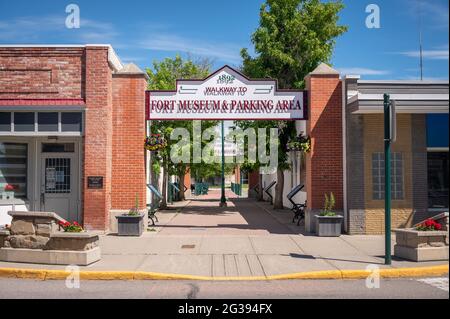 Fort MacLeod, Alberta - June 13, 2021: Historic building's in the heart of Fort McLeod's beautiful downtown. Stock Photo