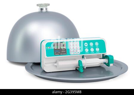 Restaurant cloche with syringe infusion pump, 3D rendering isolated on white background Stock Photo