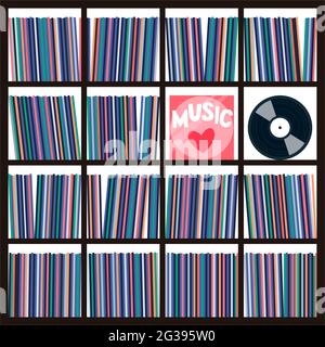 Vinyl collection on shelves. Stacks of music records in sleeves for turntable. Vector Stock Vector