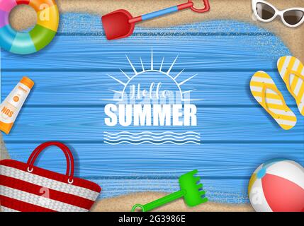 Hello summer background with beach elements on wooden background Stock Vector