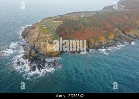 Falmouth, seaside town in Cornwall, UK, aerial view of coast and beach