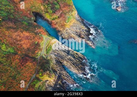 Falmouth, seaside town in Cornwall, UK, aerial view of coast and beach