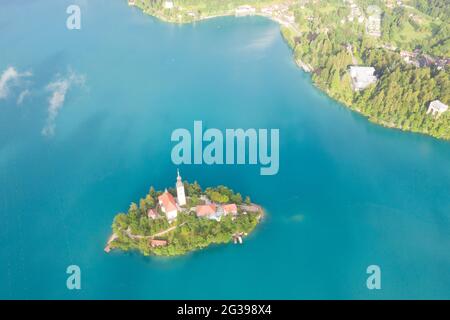 Aerial view of lake Bled in Slovenia with a castle in the middle Stock Photo