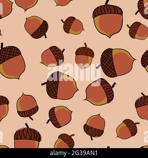 Acorns illustrations scattered all over repeat vector pattern Stock Vector